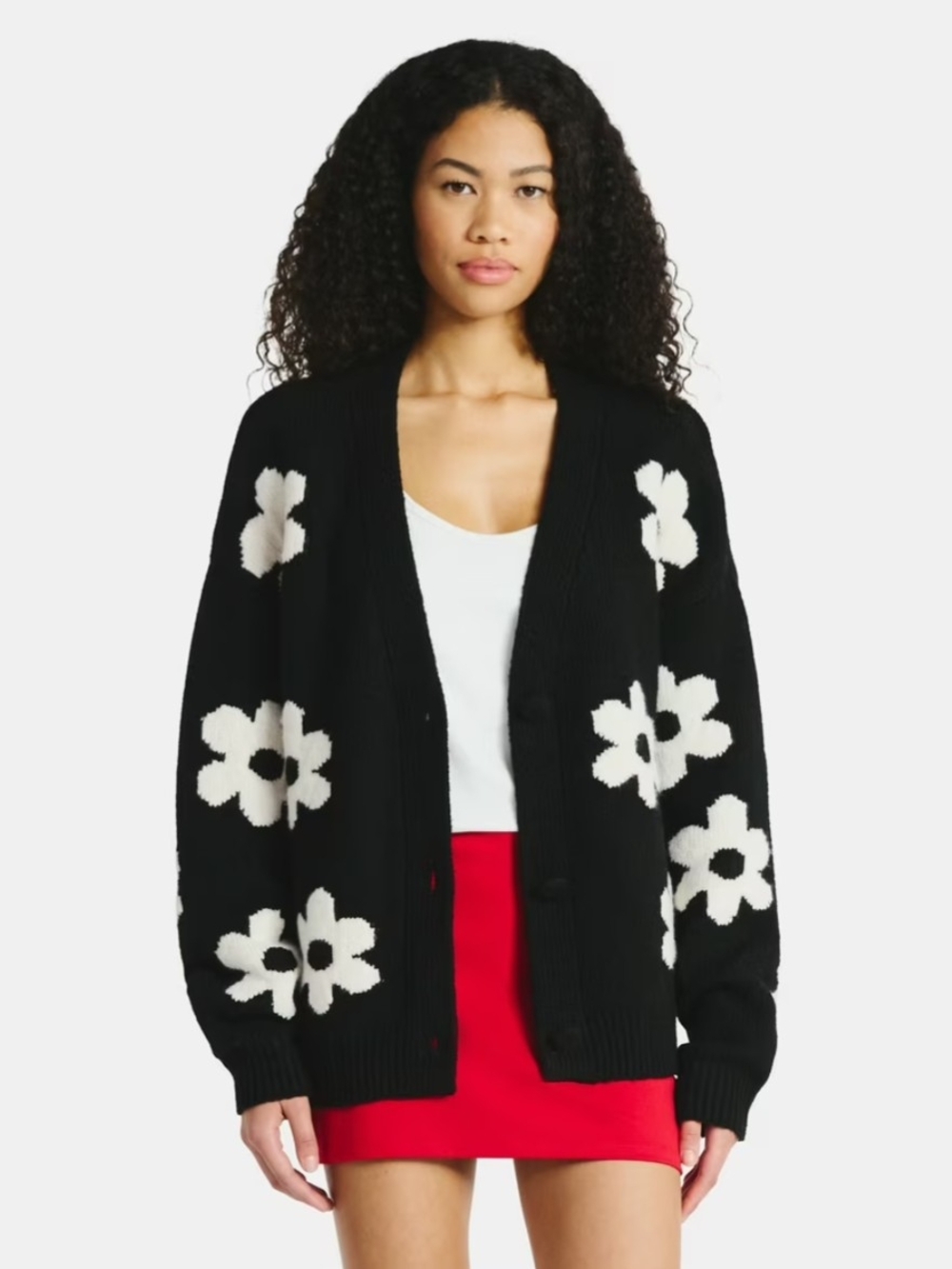 No Boundaries Black Cardigan with White Floral Intarsia